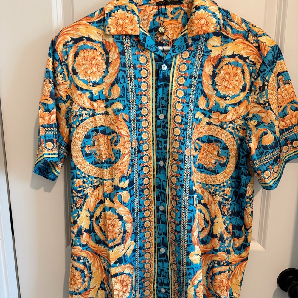 Versace Turquoise and Gold Baroque Short Sleeve Button-Down Shirt